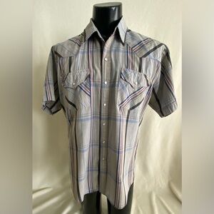 Rock Creek Ranch Shirt Men’s Large Western Pearl Snap Short Sleeve Gray Plaid